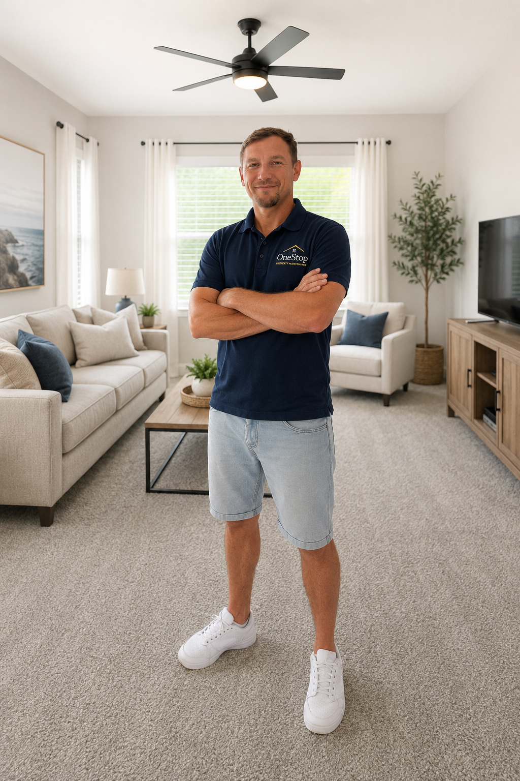OneStop technician in branded polo standing on freshly cleaned carpet in a Denver living room