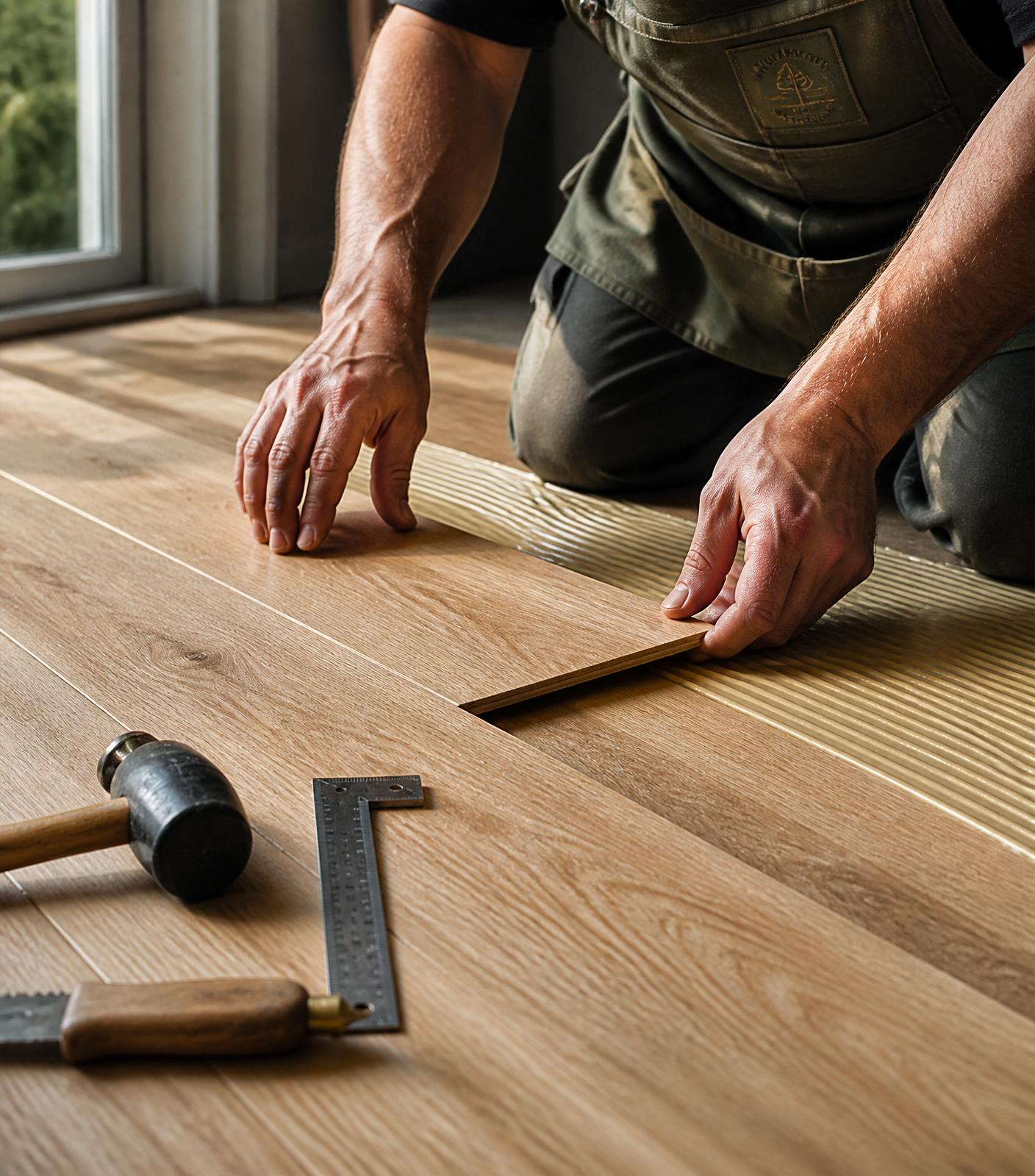 Skilled craftsman hands installing a wide-plank oak floor